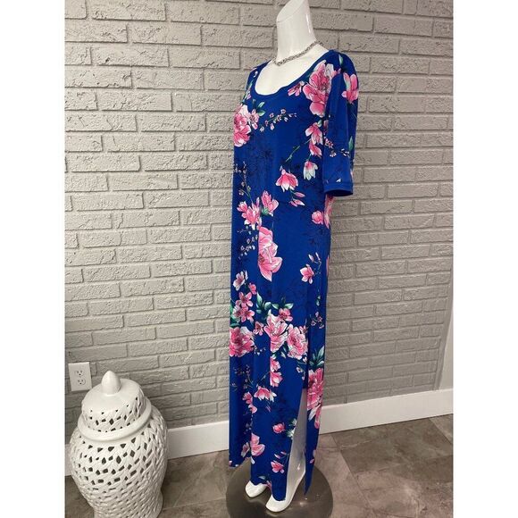 G.I.L.I Women Blue Floral Side Slit Maxi T-Shirt Dress Size L - Picture 3 of 10